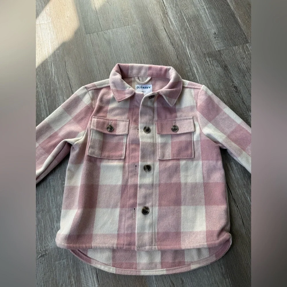 Old Navy Pink White Plaid Flannel Shacket Jacket Comfy Warm Size S 6 7